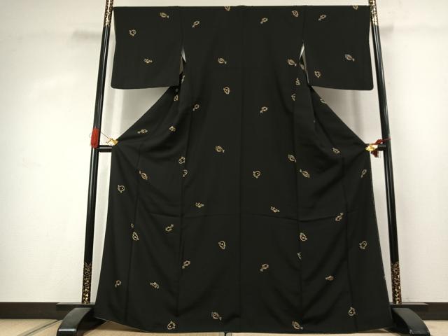平和屋着物●上質な小紋 紬地 ヒラメ アンコウ マンボウ フグ ハゼ 黒地 正絹 逸品 AABK1433fy