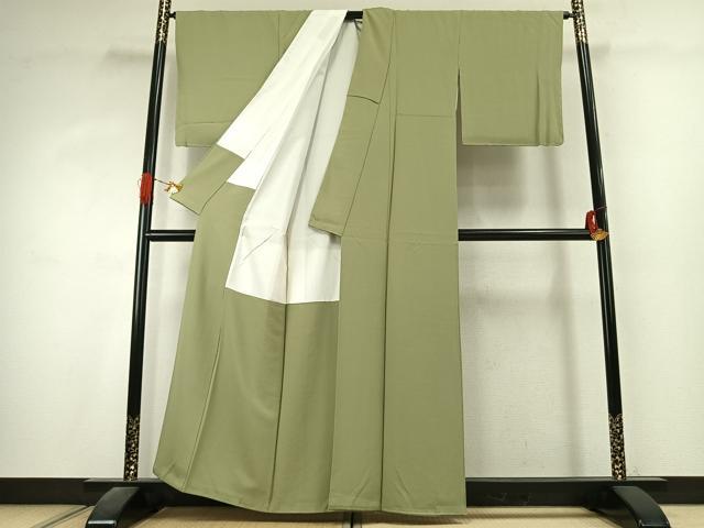 平和屋着物●上質な色無地 本草木染 若葉色 浜ちりめん 反端付き 正絹 逸品 未使用 AABK1445fy