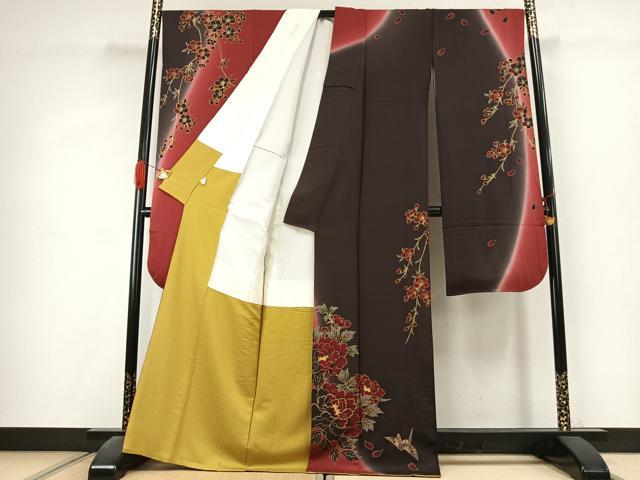 平和屋着物●豪華振袖 駒刺繍 折鶴 草花文 暈し染め 金彩 正絹 逸品 AABK1454fy