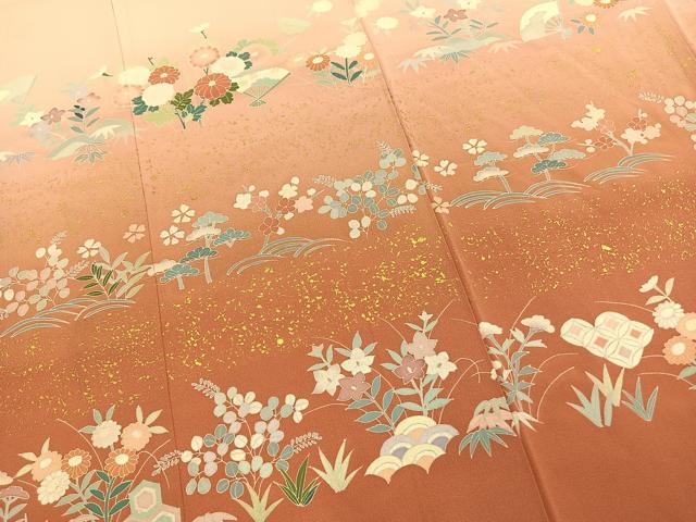 平和屋着物●訪問着 友禅 扇面花文 暈し染め 金彩 正絹 逸品 未使用 AABK1480fy