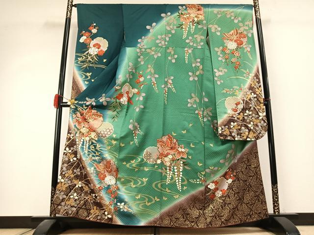 平和屋着物●豪華振袖 雪輪花蝶文 暈し染め 金彩 正絹 逸品 AABK1482fy