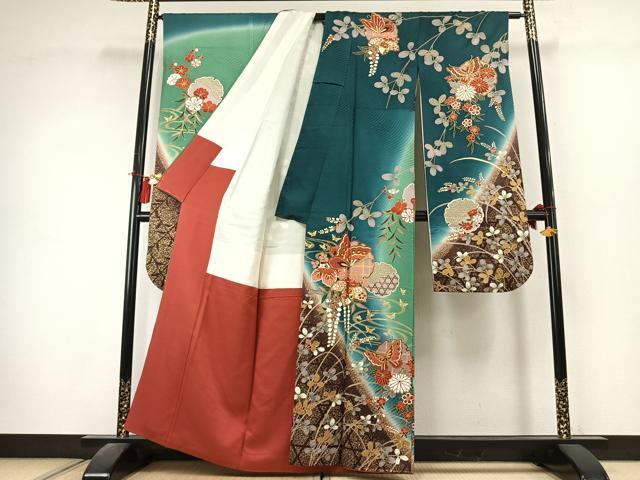 平和屋着物●豪華振袖 雪輪花蝶文 暈し染め 金彩 正絹 逸品 AABK1482fy