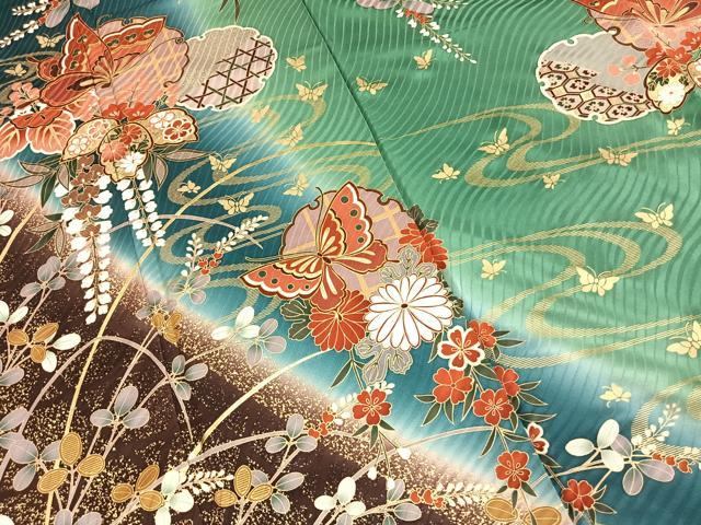 平和屋着物●豪華振袖 雪輪花蝶文 暈し染め 金彩 正絹 逸品 AABK1482fy