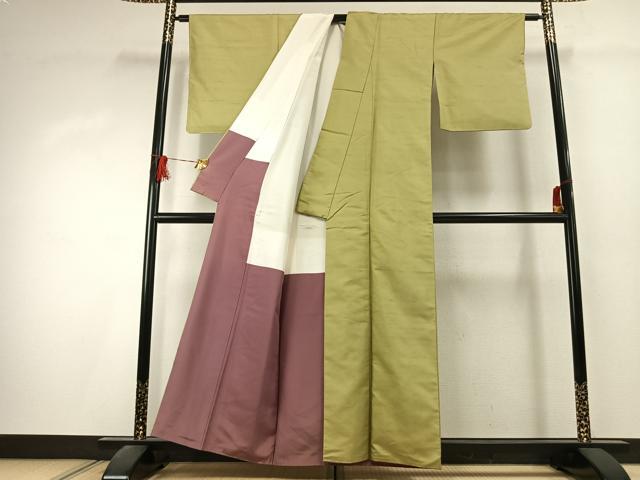 平和屋着物●上質な紬 色無地 作家物 抹茶色 正絹 逸品 AABK1503fy