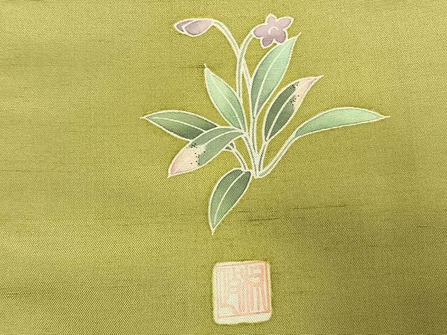 平和屋着物●上質な紬 色無地 作家物 抹茶色 正絹 逸品 AABK1503fy