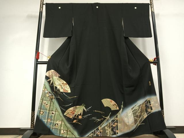 平和屋着物●五代 歌舞伎役者 坂東八十助 黒留袖 駒刺繍 地紙笹竹文 暈し染め 金銀彩 正絹 逸品 AABK1540fy