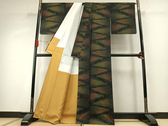 平和屋着物●本場大島紬 孔雀文 黒地 正絹 逸品 未使用 AABK1541fy