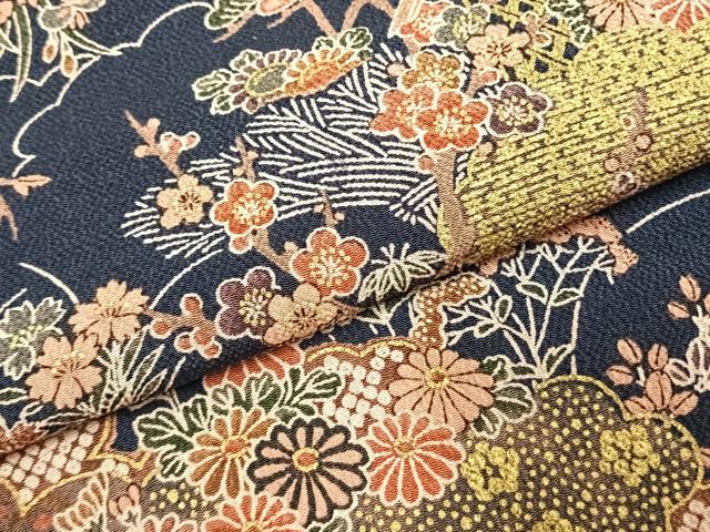 平和屋着物●上質な小紋 松竹梅 雲取り花文 金彩 鬼しぼ縮緬 正絹 逸品 AABK1567fy