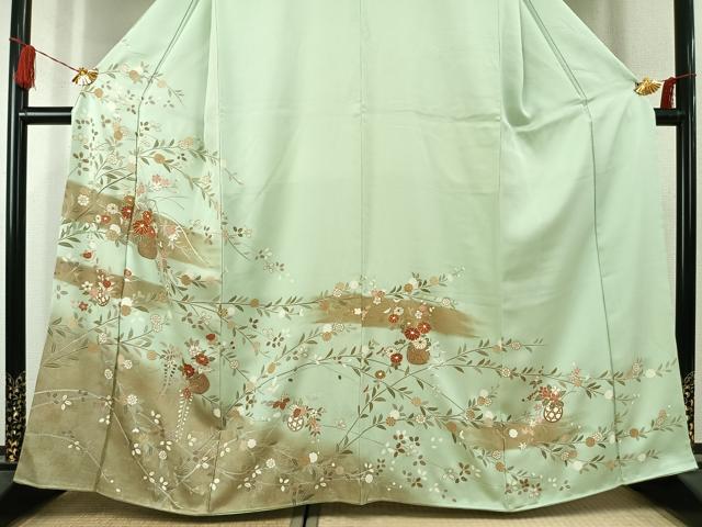 平和屋着物●訪問着 駒刺繍 草花文 暈し染め 金彩 正絹 逸品 AABK1581fy