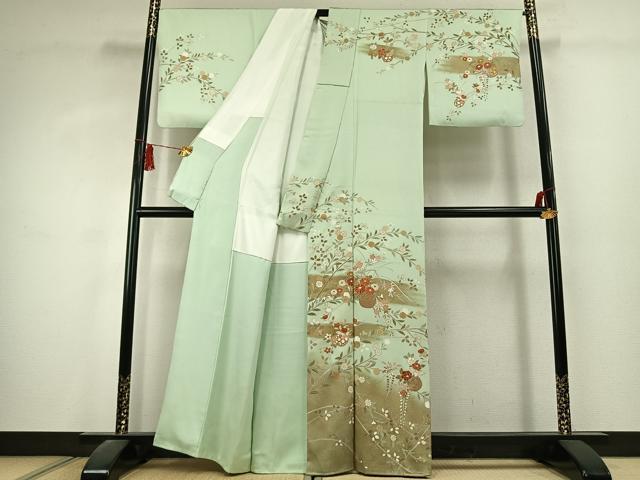 平和屋着物●訪問着 駒刺繍 草花文 暈し染め 金彩 正絹 逸品 AABK1581fy