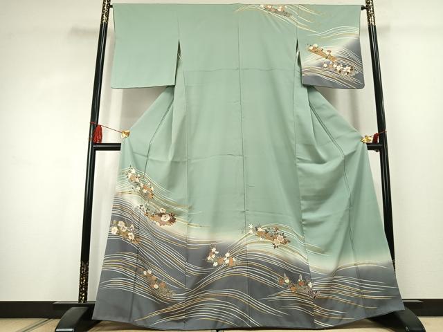 平和屋着物●訪問着 刺繍 草花文 暈し染め 金糸 金彩 正絹 逸品 AABK1586fy
