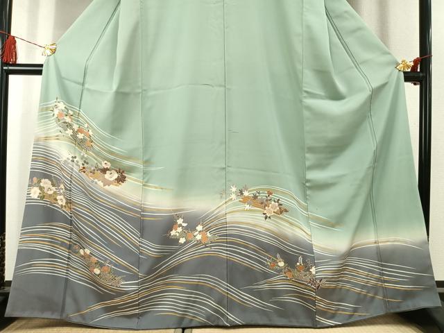平和屋着物●訪問着 刺繍 草花文 暈し染め 金糸 金彩 正絹 逸品 AABK1586fy