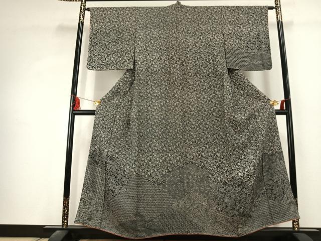 平和屋着物●江戸小紋 訪問着 毘沙門亀甲 草花文 黒地 正絹 逸品 未使用 AABK1592fy