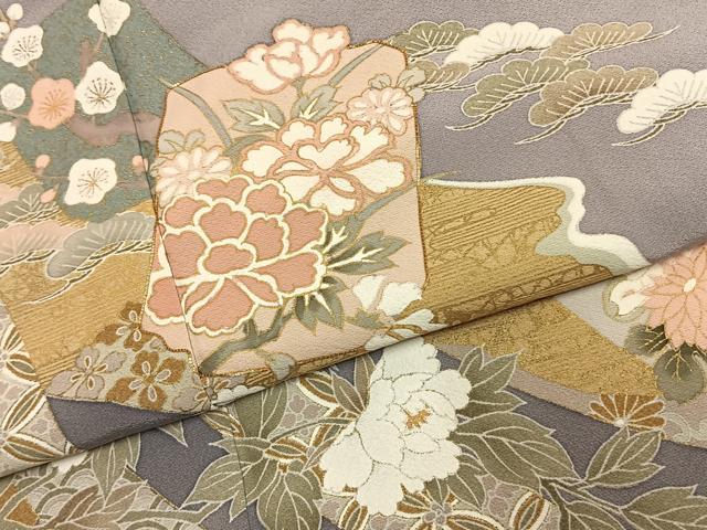 平和屋着物●色留訪問着 駒刺繍 草花文 金彩 ロング丈 正絹 逸品 AABK1596fy