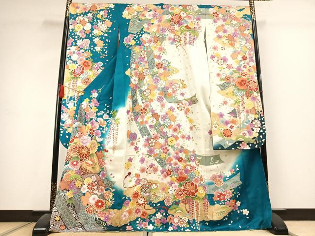 平和屋着物●豪華振袖 駒刺繍 草花文 暈し染め 金彩 銀通し地 正絹 逸品 AABK1622fy