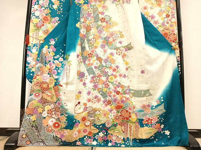 平和屋着物●豪華振袖 駒刺繍 草花文 暈し染め 金彩 銀通し地 正絹 逸品 AABK1622fy