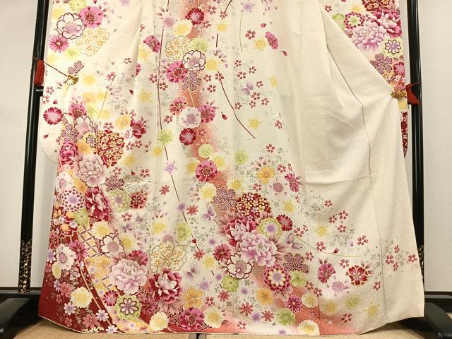 平和屋着物●豪華振袖 花蝶文 暈し染め 金糸 金銀彩 銀通し地 正絹 逸品 AABK1626fy