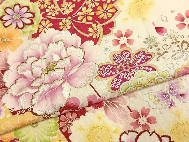 平和屋着物●豪華振袖 花蝶文 暈し染め 金糸 金銀彩 銀通し地 正絹 逸品 AABK1626fy