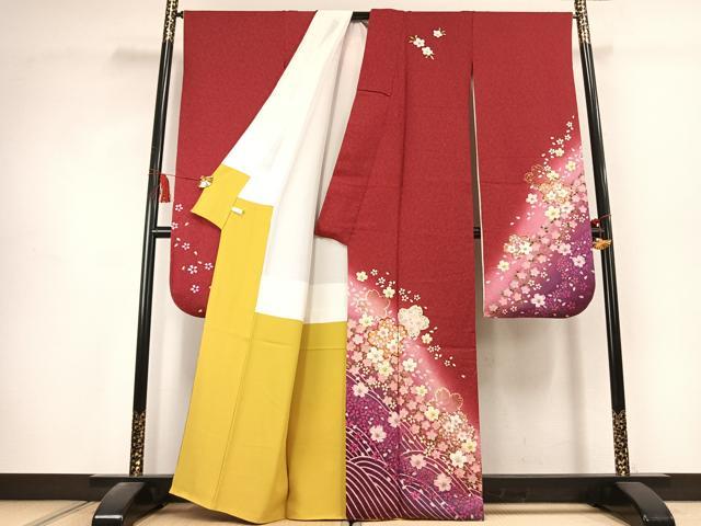 平和屋着物●豪華振袖 舞桜文 暈し染め 金彩 金通し地 正絹 逸品 AABK1627fy