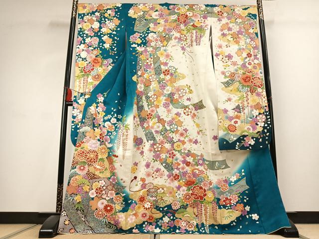 平和屋着物●豪華振袖 駒刺繍 草花文 暈し染め 金彩 銀通し地 正絹 逸品 AABK1628fy