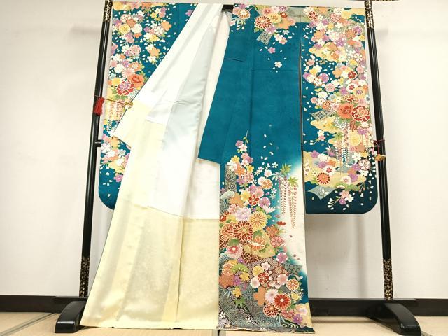 平和屋着物●豪華振袖 駒刺繍 草花文 暈し染め 金彩 銀通し地 正絹 逸品 AABK1628fy