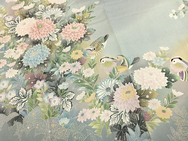 平和屋着物●訪問着 友禅 鴛鴦花文 暈し染め 金彩 正絹 逸品 AABK1632fy