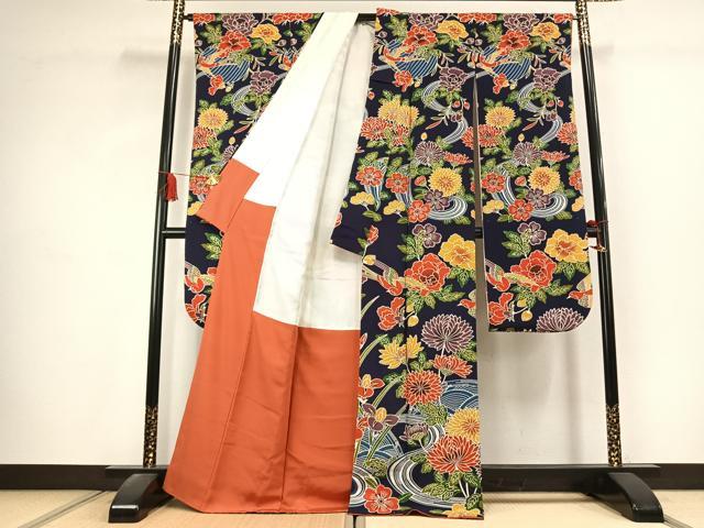 平和屋着物●豪華振袖 型染め 花鳥文 鬼しぼ縮緬 正絹 逸品 AABK1634fy