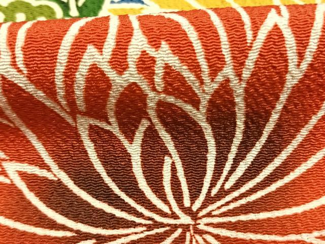 平和屋着物●豪華振袖 型染め 花鳥文 鬼しぼ縮緬 正絹 逸品 AABK1634fy