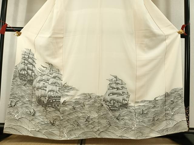 平和屋着物●色留訪問着 お召地 船 立波文 正絹 逸品 AABK1657fy