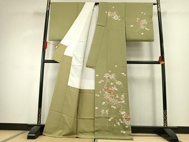 平和屋着物●訪問着 駒刺繍 草花文 金彩 正絹 逸品 AABK1664fy