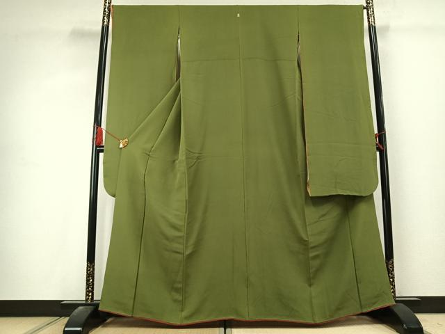 平和屋着物●豪華振袖 色無地 草色 正絹 逸品 AABK1677fy