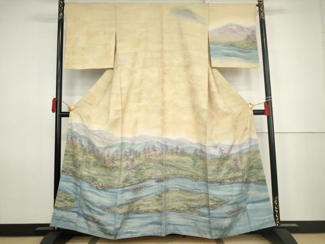 平和屋着物●京友禅作家 黒島敏 訪問着 手描き 風景文 正絹 逸品 AABK1741cs
