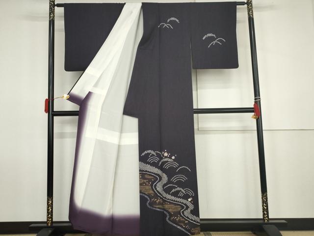 平和屋着物●訪問着 絞り 刺繍 流水に桜 金彩 正絹 逸品 AABK1742cs