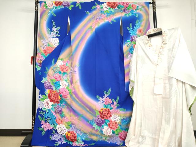 平和屋着物●豪華振袖・長襦袢(無双仕立て)セット 草花文 薔薇 バラ 暈し染め 金彩 ロング丈 半衿刺繍 正絹 逸品 AABK1749cs