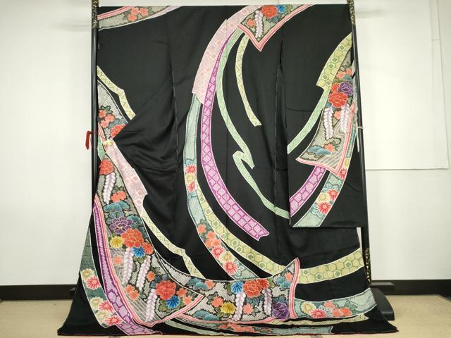 平和屋着物●十日町友禅 関芳 振袖 絞り 蔓帯草花文 黒地 金糸 金彩 仮絵羽 逸品 未使用 AABK1759cs