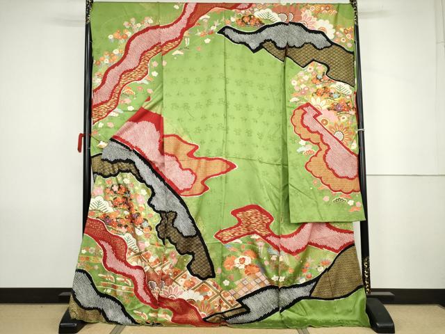 平和屋着物●吉澤友禅 振袖 駒刺繍 絞り 吉祥草花文 金彩 仮絵羽 逸品 未使用 AABK1760cs