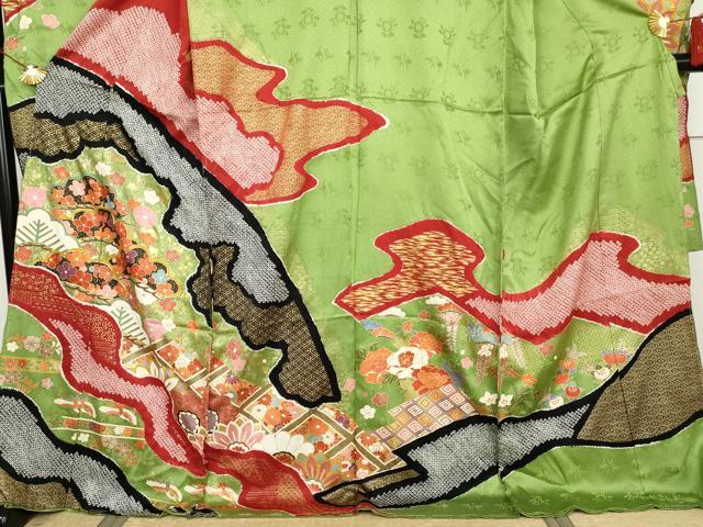 平和屋着物●吉澤友禅 振袖 駒刺繍 絞り 吉祥草花文 金彩 仮絵羽 逸品 未使用 AABK1760cs
