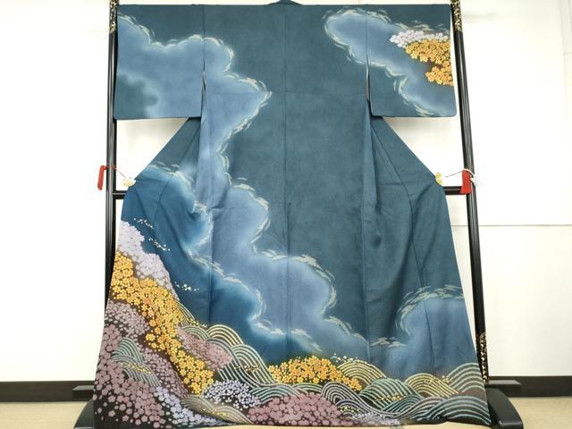 平和屋着物●訪問着 おぼろ染め 重ね絞り 立波花文 暈し染め 金通し地 正絹 逸品 AABK1777cs