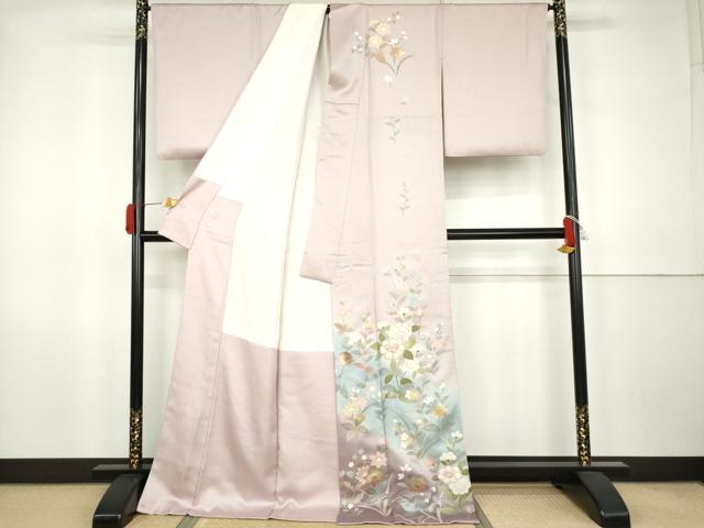 平和屋着物●訪問着 駒刺繍 枝花文 暈し染め 金銀彩 ロング丈 正絹 逸品 AABK1795cs