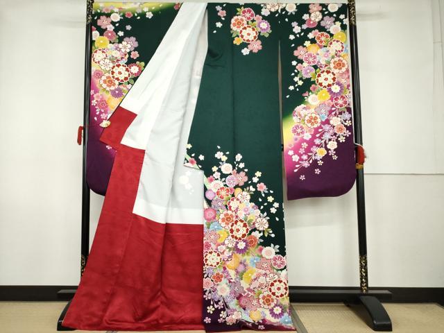 平和屋着物●豪華振袖 駒刺繍 蔓帯草花文 暈し染め ロング丈 正絹 逸品 AABK1798cs