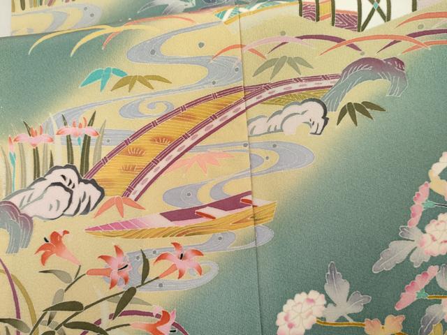 平和屋着物●本加賀友禅作家 三浦江子 訪問着 渡り橋風景草花文 暈し染め 正絹 逸品 AABK1803cs