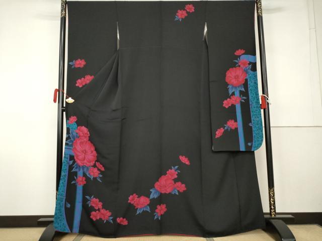 平和屋着物●豪華振袖 草花文 黒地 正絹 逸品 AABK1807cs