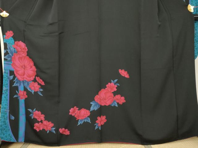 平和屋着物●豪華振袖 草花文 黒地 正絹 逸品 AABK1807cs