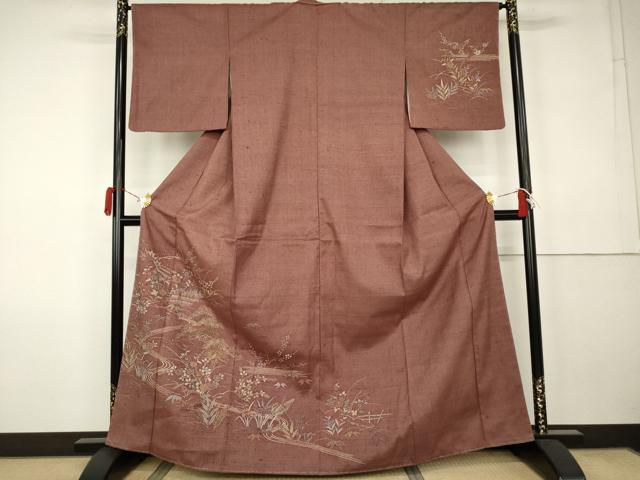 平和屋着物●訪問着 紬地 流水花松船文 正絹 逸品 未使用 AABK1808cs