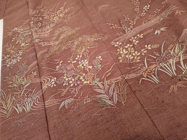 平和屋着物●訪問着 紬地 流水花松船文 正絹 逸品 未使用 AABK1808cs