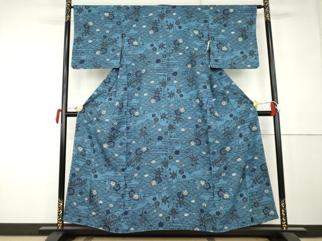 平和屋着物●上質な小紋 型染め 藍 流水花文 正絹 逸品 AABK1816cs