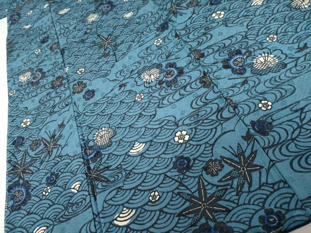 平和屋着物●上質な小紋 型染め 藍 流水花文 正絹 逸品 AABK1816cs