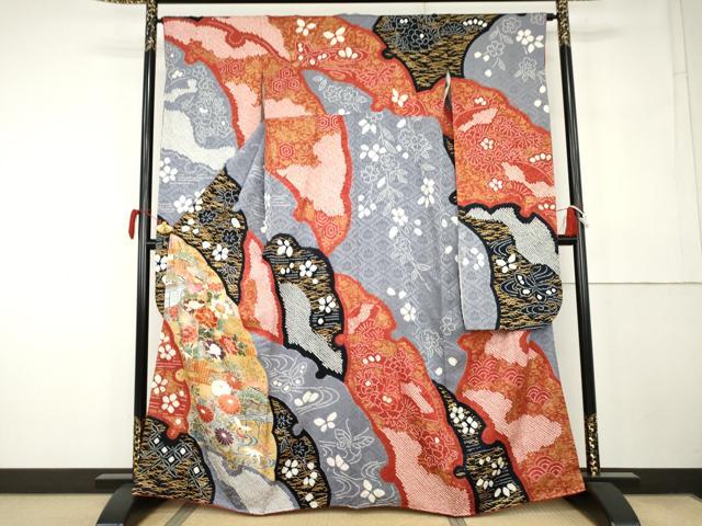 平和屋着物●豪華振袖 駒刺繍 絞り 雪輪風景花蝶文 金彩 正絹 逸品 AABK1819cs
