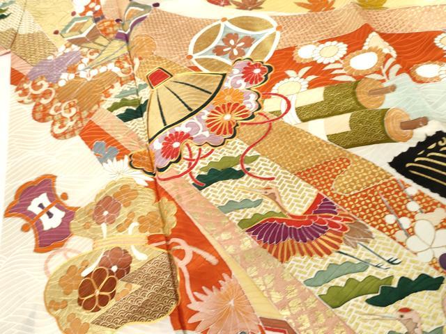 平和屋着物●豪華振袖 駒刺繍 絞り 束ね熨斗飛鶴吉祥文 金彩 高島屋扱い 正絹 逸品 AABK1821cs
