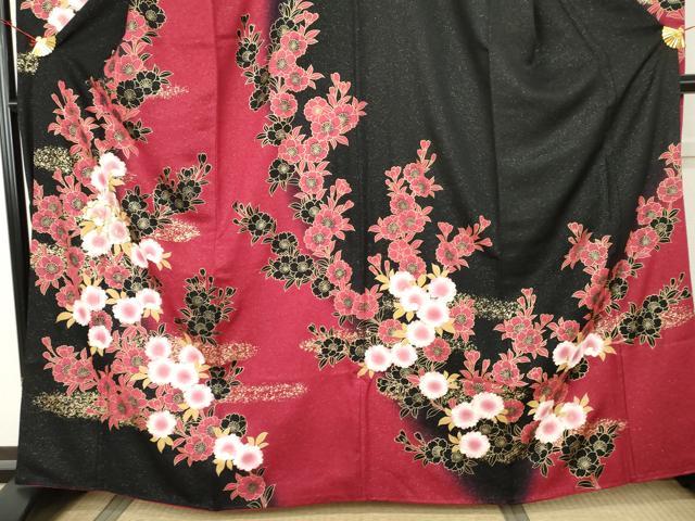 平和屋着物●豪華振袖 刺繍 桜 暈し染め 黒地 金糸 金彩 銀通し地 鈴乃屋扱い 正絹 逸品 AABK1822cs